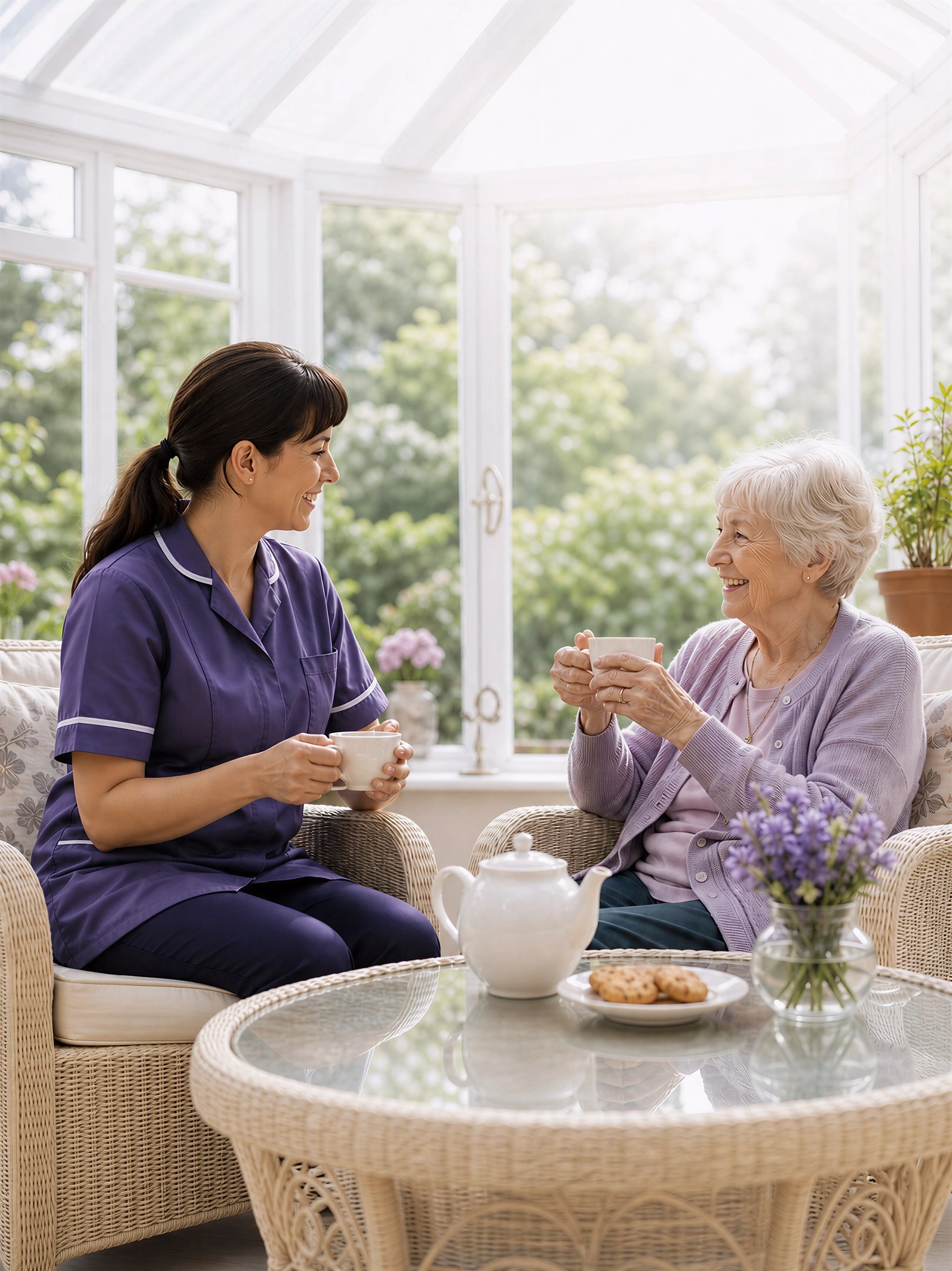An Amani Care carer sharing tea with a client