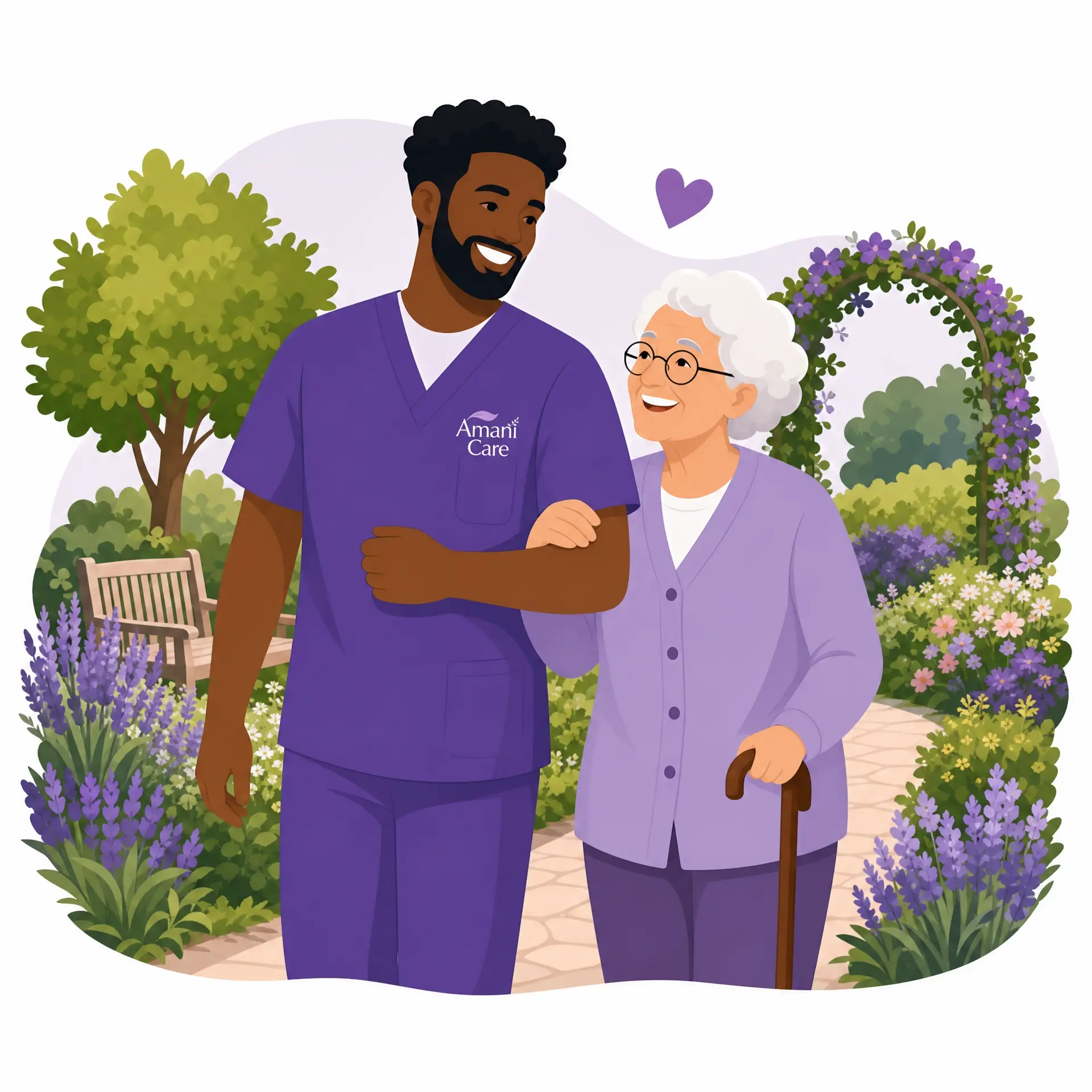 An Amani Care carer walking with a client through a garden