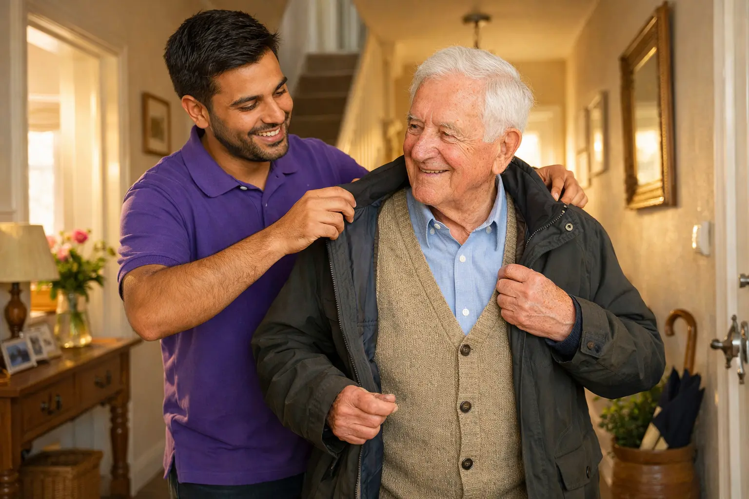 An Amani Care carer helping a gentleman with his coat at home